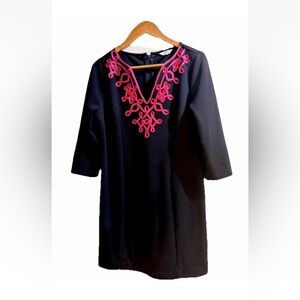 Crown & Ivy Navy Dress with Pink Embroidery Knee Length EUC